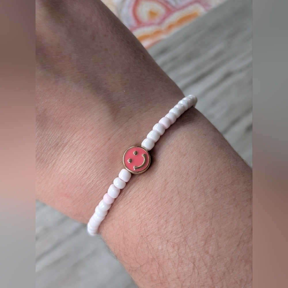 Handmade seed bead smiley face stretch bracelet